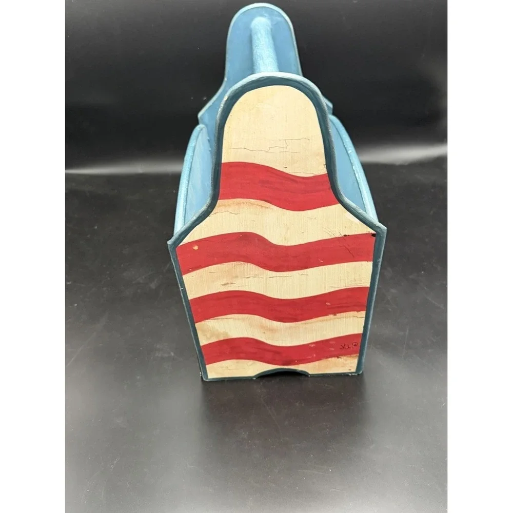 Americana Patriotic Wooden Storage Caddy Basket Tote Hand Painted Flag Decor